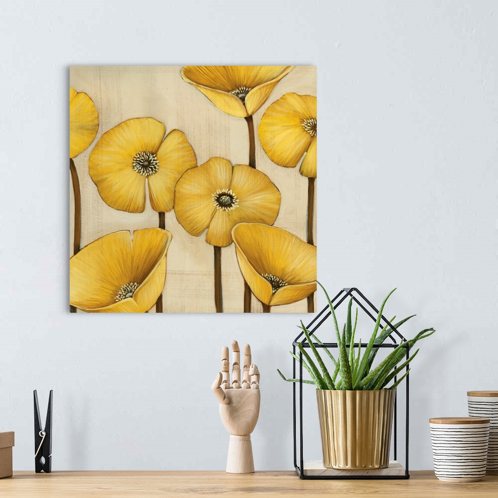 A bohemian room featuring Square contemporary artwork of yellow poppy flowers against a neutral backdrop.