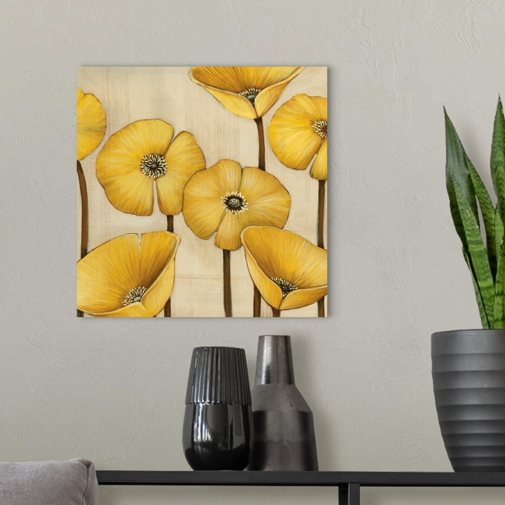 A modern room featuring Square contemporary artwork of yellow poppy flowers against a neutral backdrop.