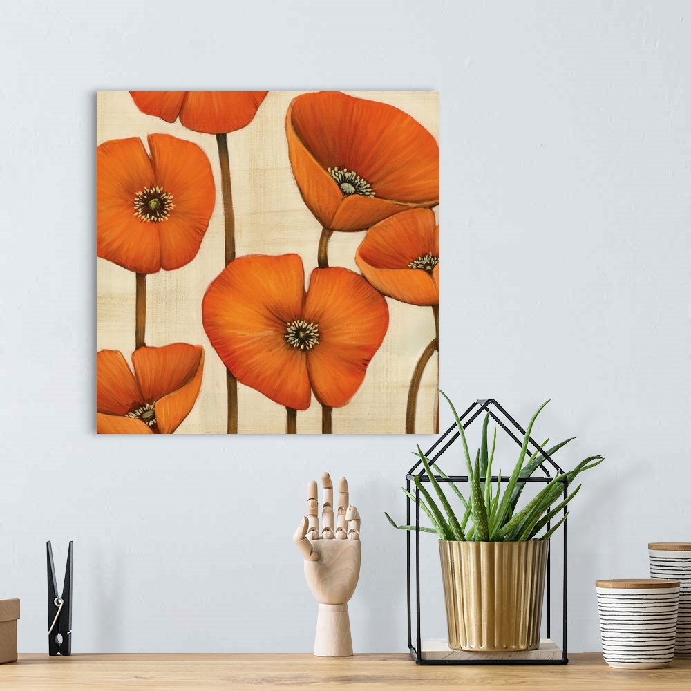 A bohemian room featuring Square contemporary artwork of orange poppy flowers against a neutral backdrop.