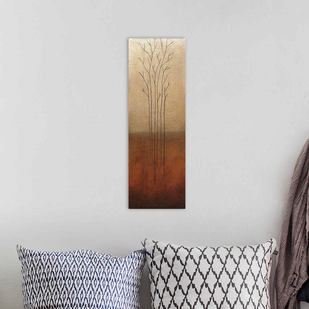 A bohemian room featuring Vertical contemporary painting of thin black branches against a beige and brown textured background.