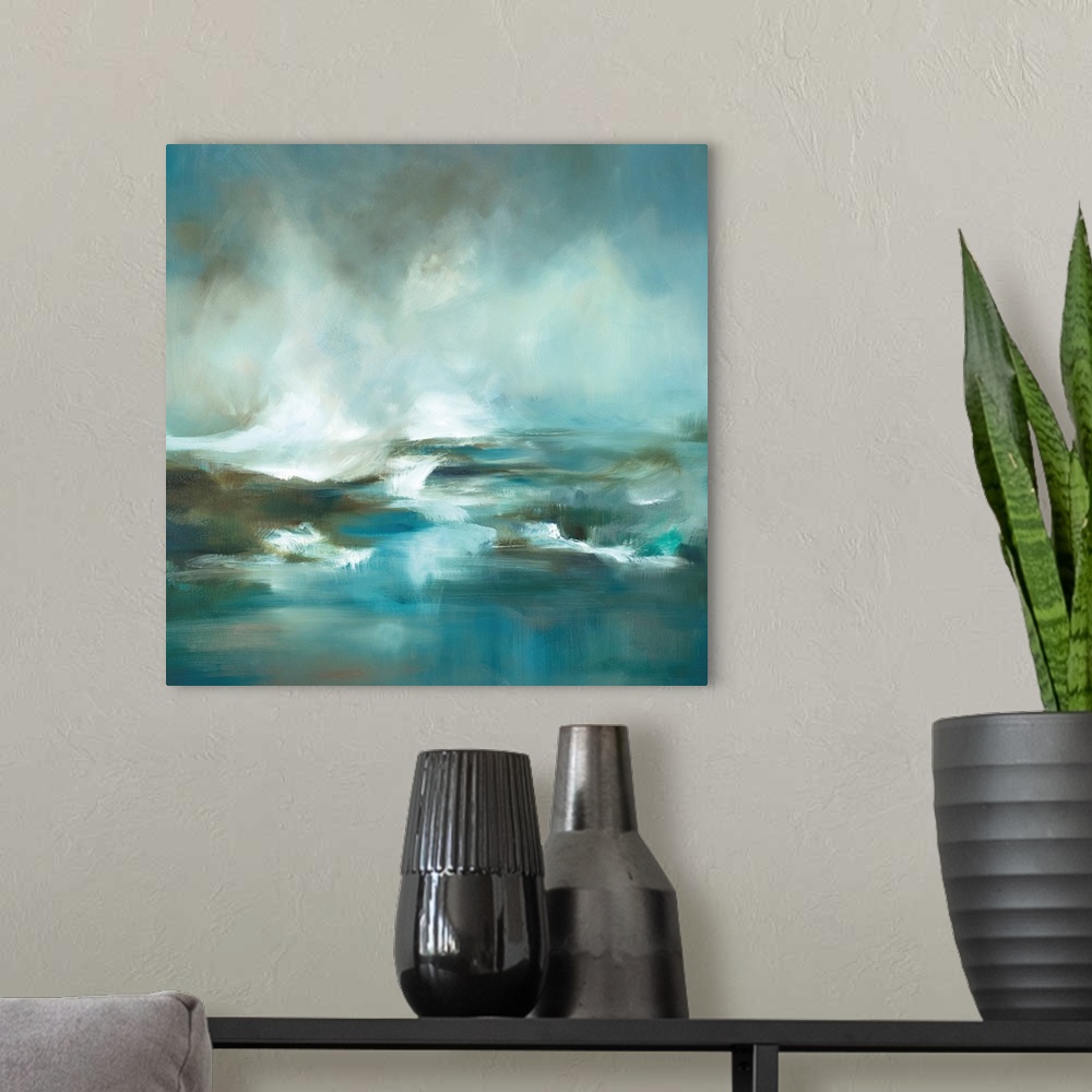 A modern room featuring Square painting of ocean waves in tones of blue, white and brown.