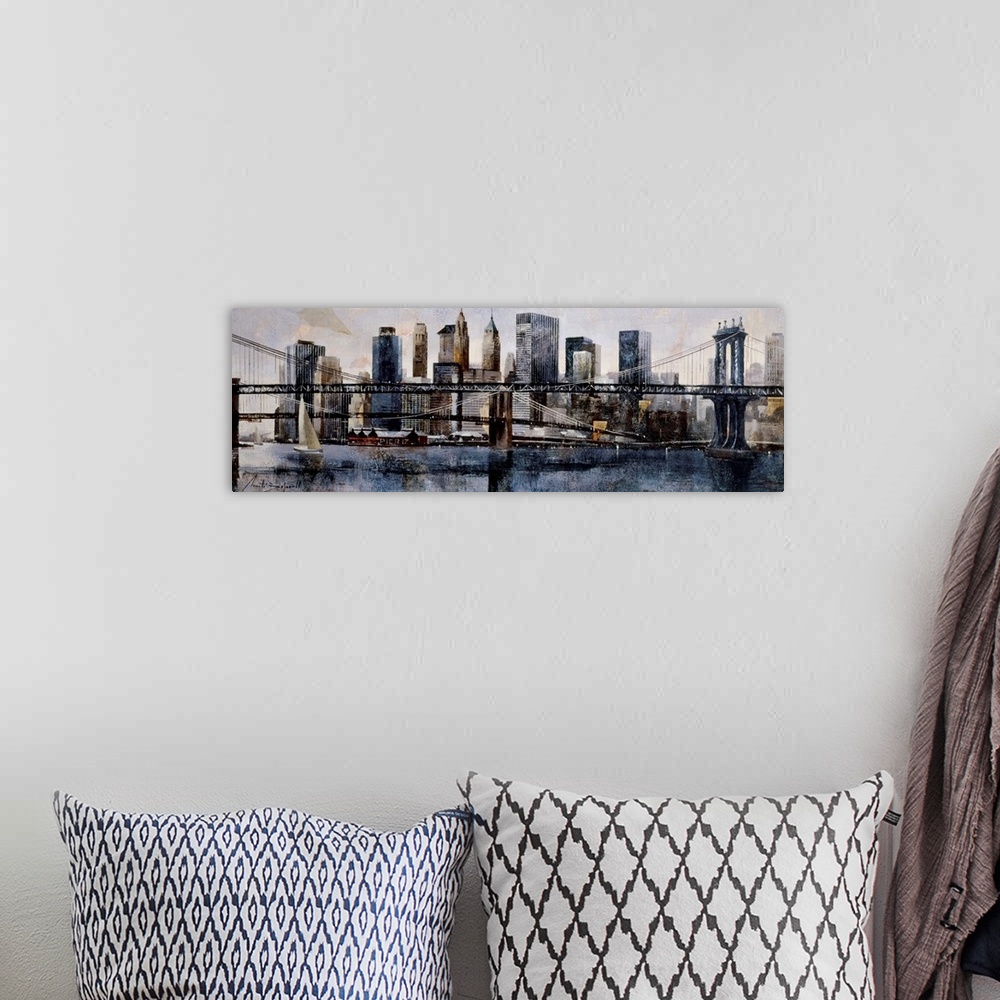 A bohemian room featuring A horizontal painting of Brooklyn and Manhattan Bridges with the New York cityscape behind.