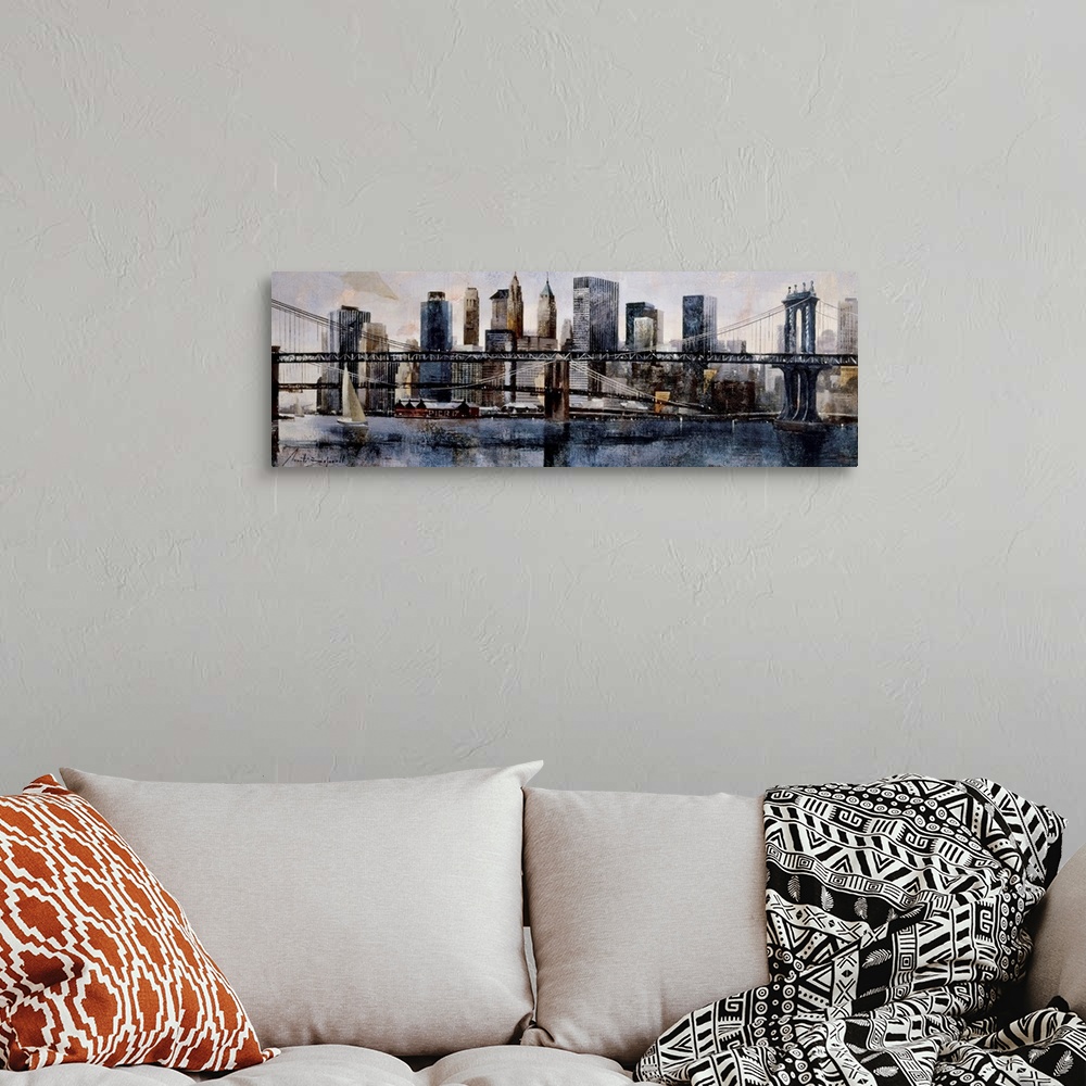 A bohemian room featuring A horizontal painting of Brooklyn and Manhattan Bridges with the New York cityscape behind.