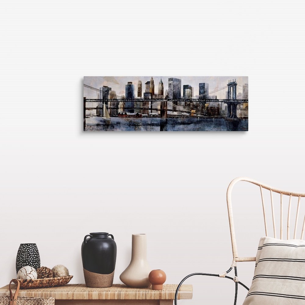 A farmhouse room featuring A horizontal painting of Brooklyn and Manhattan Bridges with the New York cityscape behind.