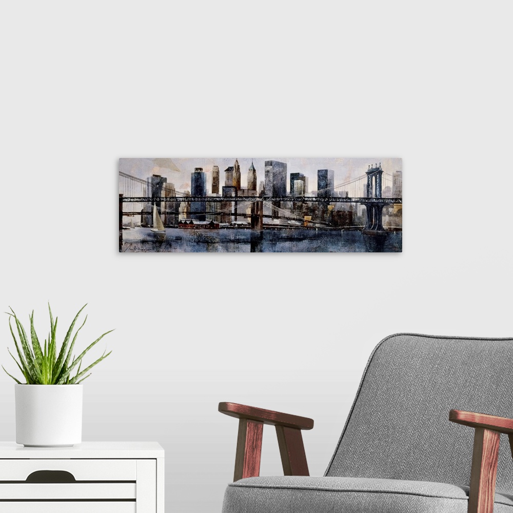 A modern room featuring A horizontal painting of Brooklyn and Manhattan Bridges with the New York cityscape behind.