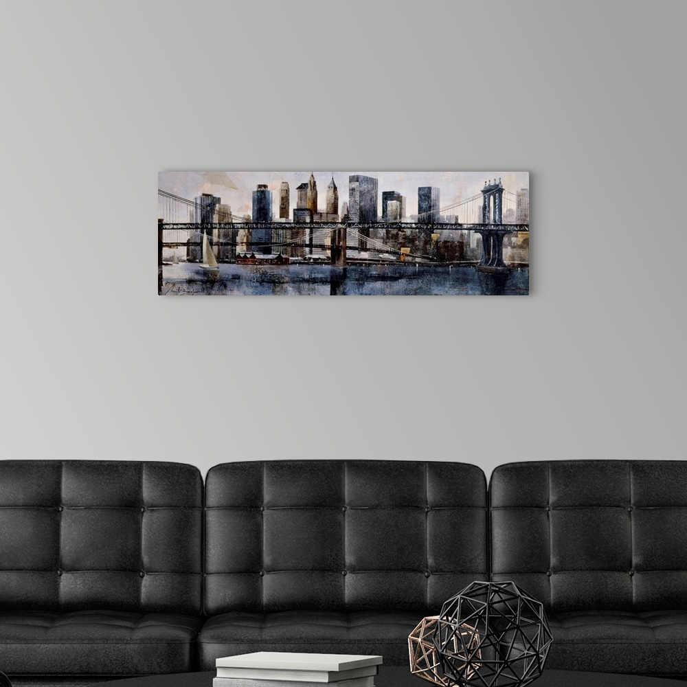 A modern room featuring A horizontal painting of Brooklyn and Manhattan Bridges with the New York cityscape behind.