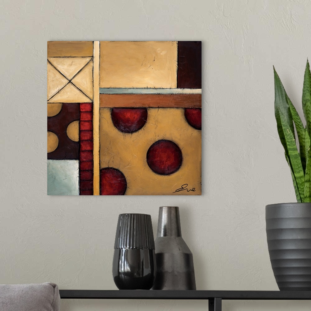 A modern room featuring Abstract painting of squared shapes overlapped with circular and "x" elements and a horizontal st...