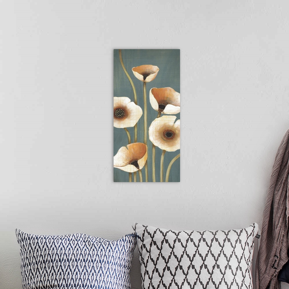 A bohemian room featuring Vertical painting of a group of flowers in muted earth tones.