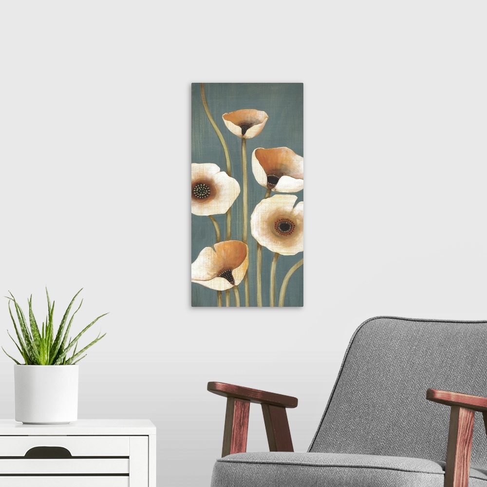 A modern room featuring Vertical painting of a group of flowers in muted earth tones.