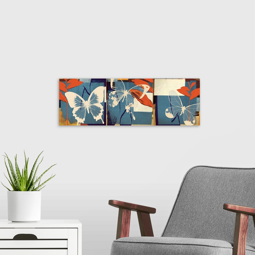 A modern room featuring A panoramic image of white butterflies against layered vibrant shapes with leaf accents.