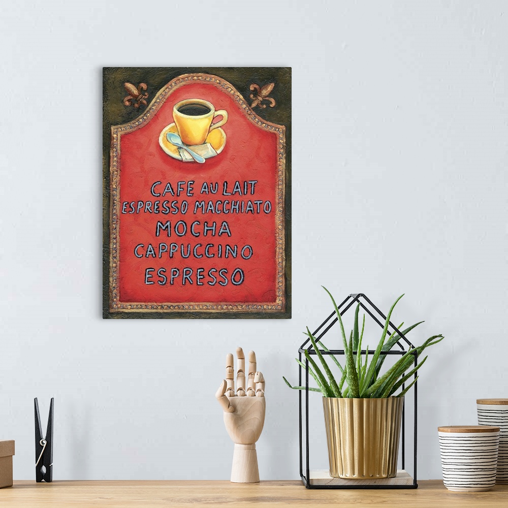 A bohemian room featuring A list of coffee options along with cup and saucer against a red background.