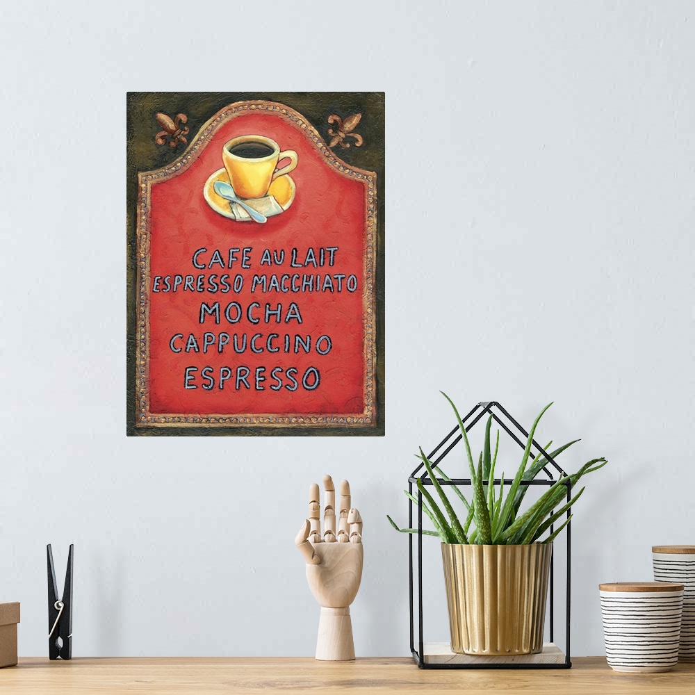 A bohemian room featuring A list of coffee options along with cup and saucer against a red background.