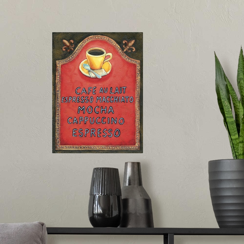 A modern room featuring A list of coffee options along with cup and saucer against a red background.