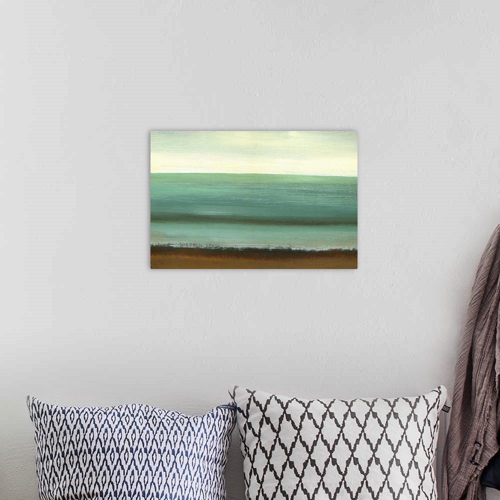 A bohemian room featuring A modern abstract landscape of a beach scene in bold brush strokes of cream, brown and teal.