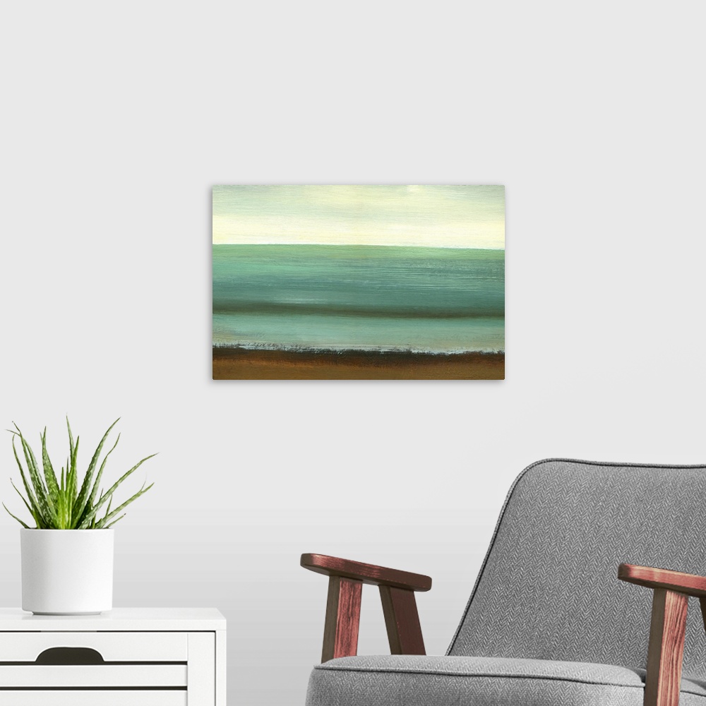 A modern room featuring A modern abstract landscape of a beach scene in bold brush strokes of cream, brown and teal.