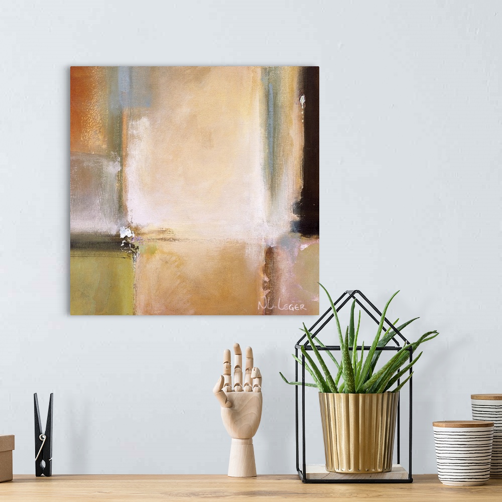 A bohemian room featuring Abstract painting of soft squared shapes overlapping in earth tones.