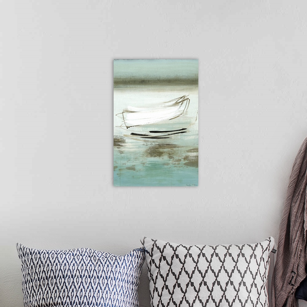 A bohemian room featuring A modern abstract landscape of a beach scene in bold brush strokes of  gray, green and blue.