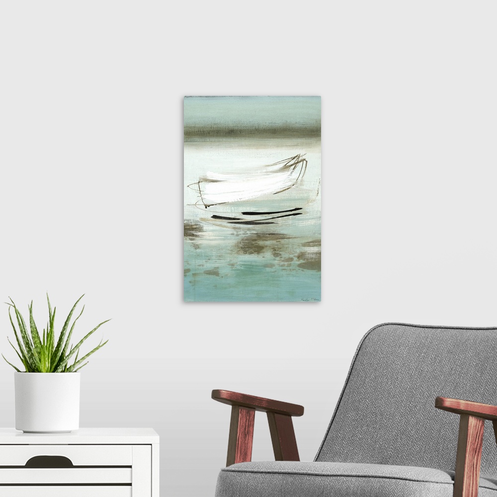 A modern room featuring A modern abstract landscape of a beach scene in bold brush strokes of  gray, green and blue.