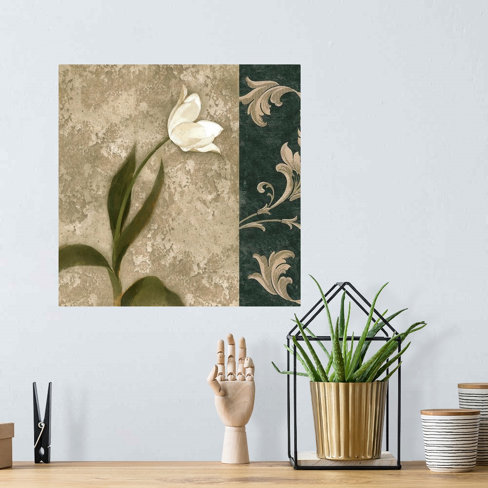 A bohemian room featuring Decorative artwork of a white tulip with a damask border in natural colors.