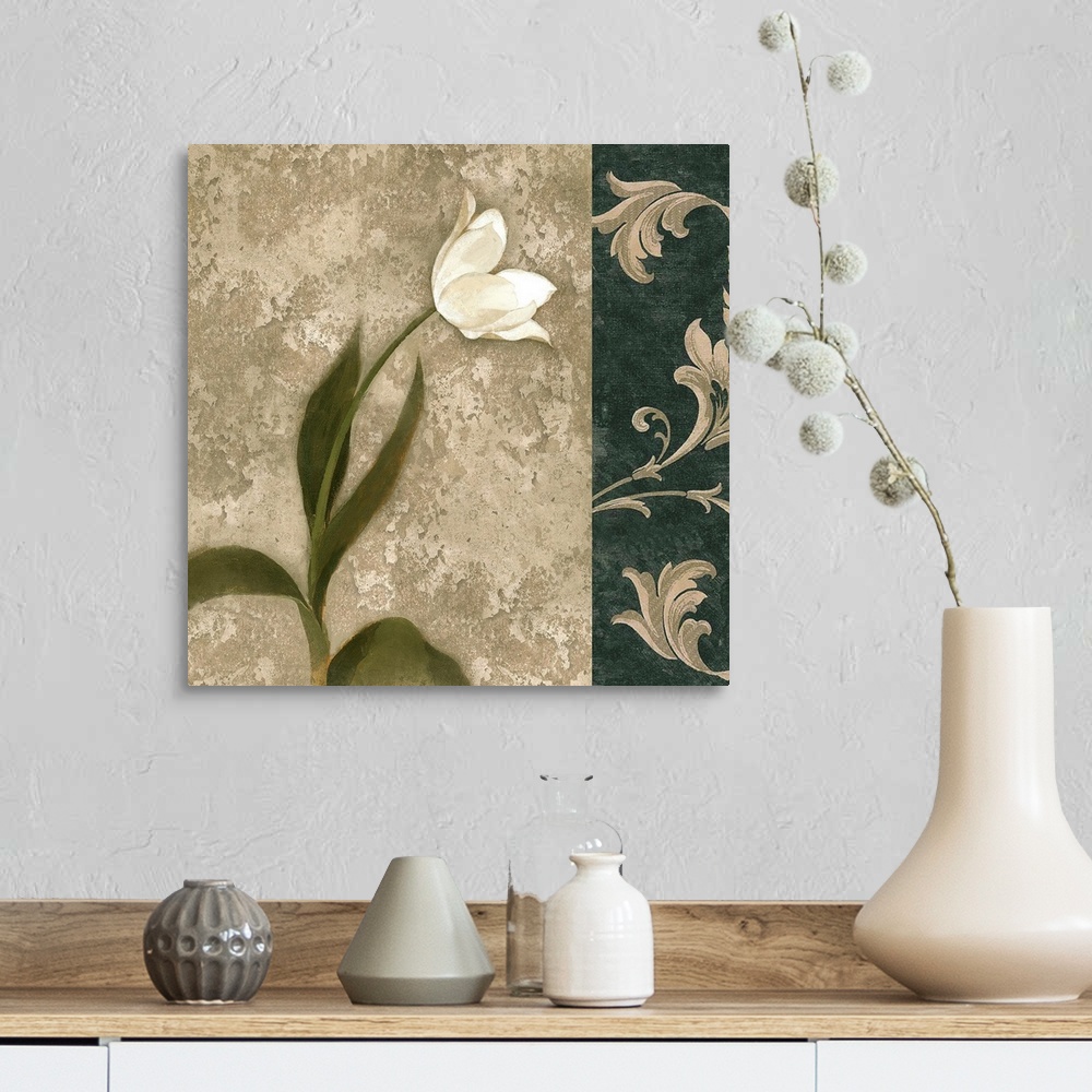 A farmhouse room featuring Decorative artwork of a white tulip with a damask border in natural colors.