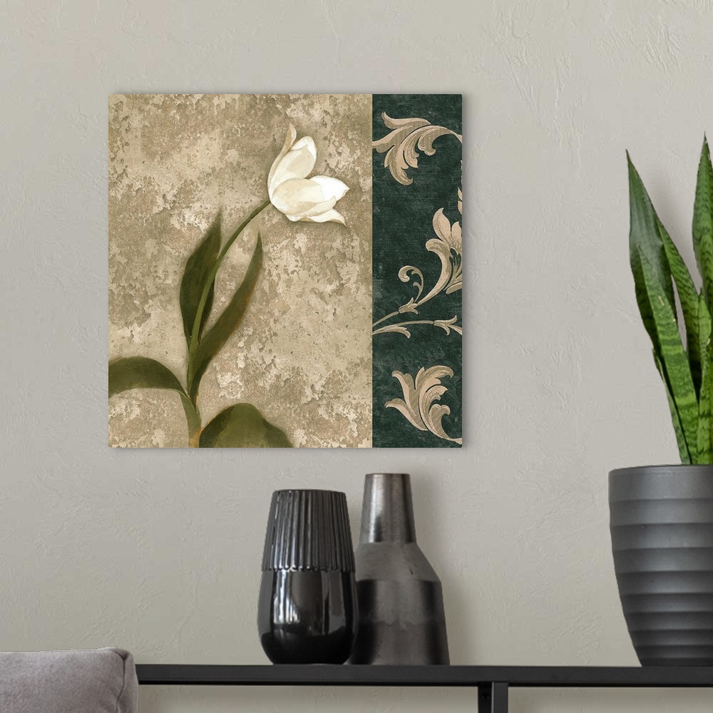 A modern room featuring Decorative artwork of a white tulip with a damask border in natural colors.