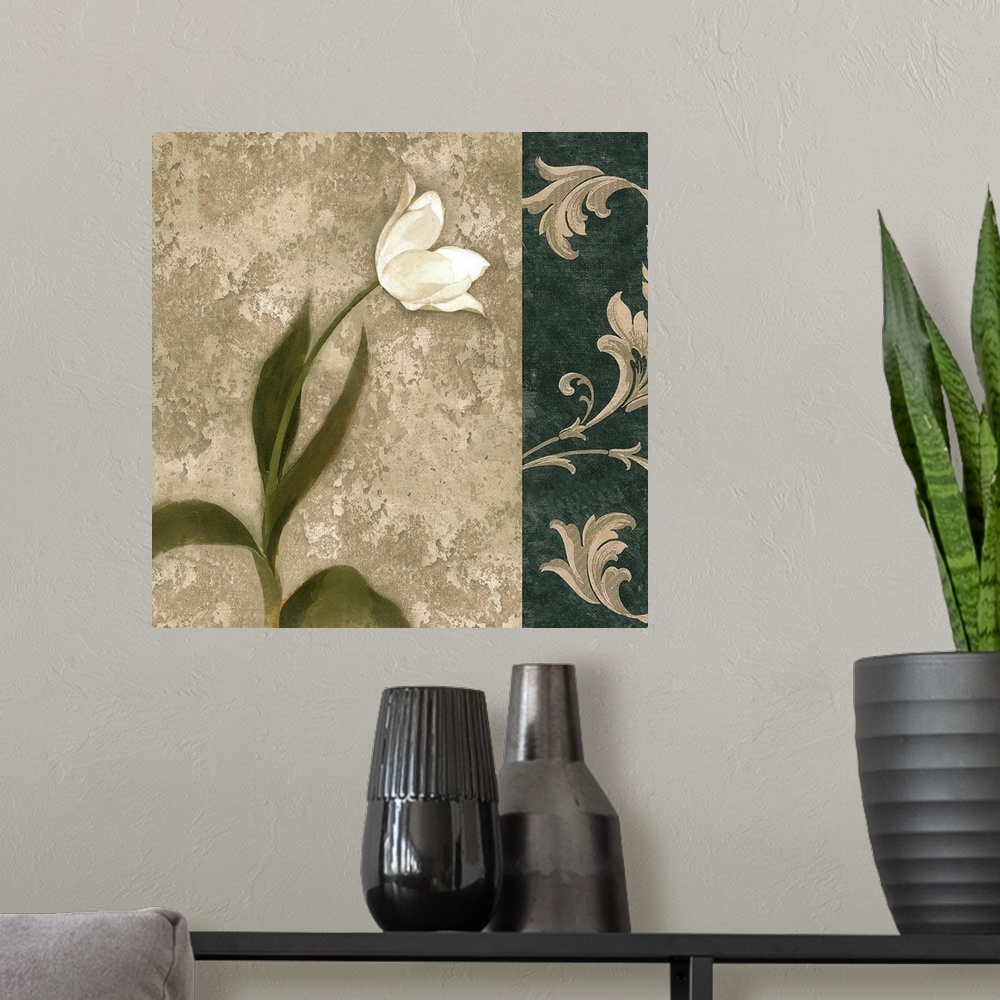 A modern room featuring Decorative artwork of a white tulip with a damask border in natural colors.