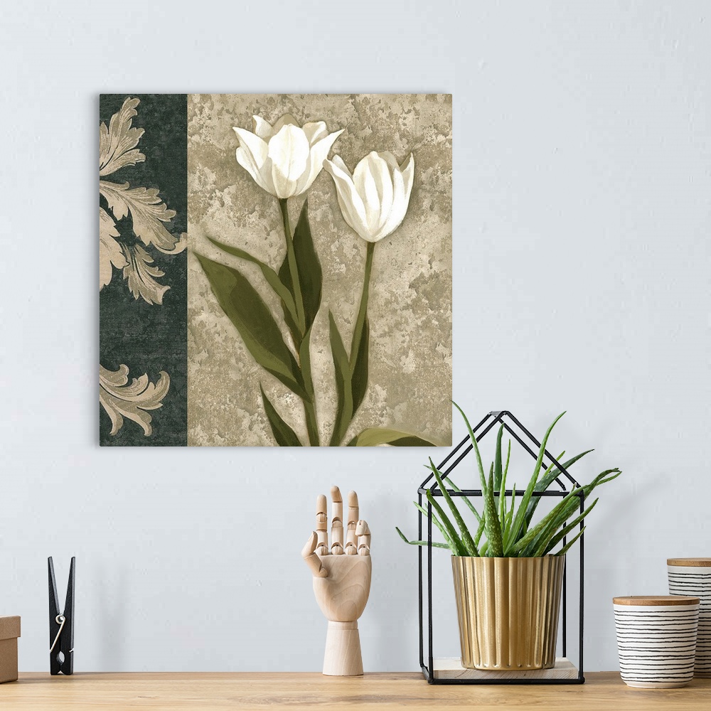 A bohemian room featuring Decorative artwork of white tulips with a damask border in natural colors.