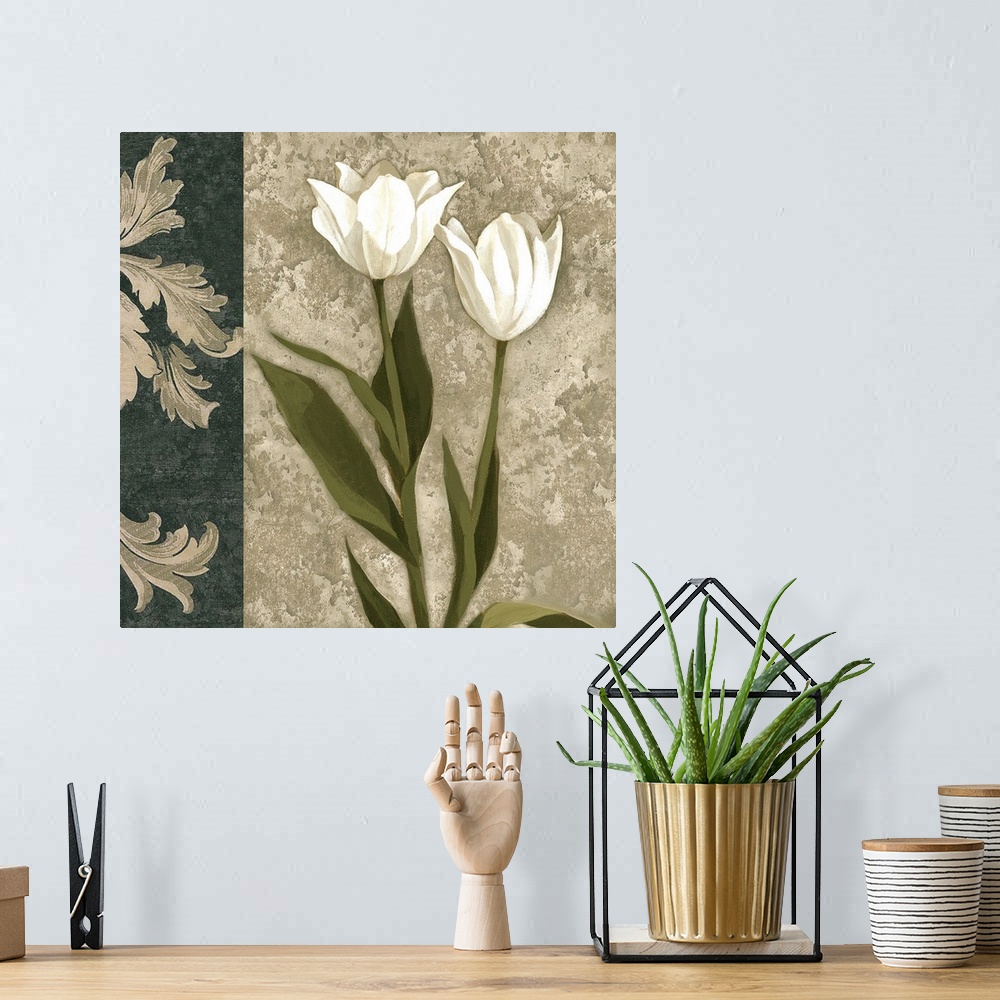 A bohemian room featuring Decorative artwork of white tulips with a damask border in natural colors.