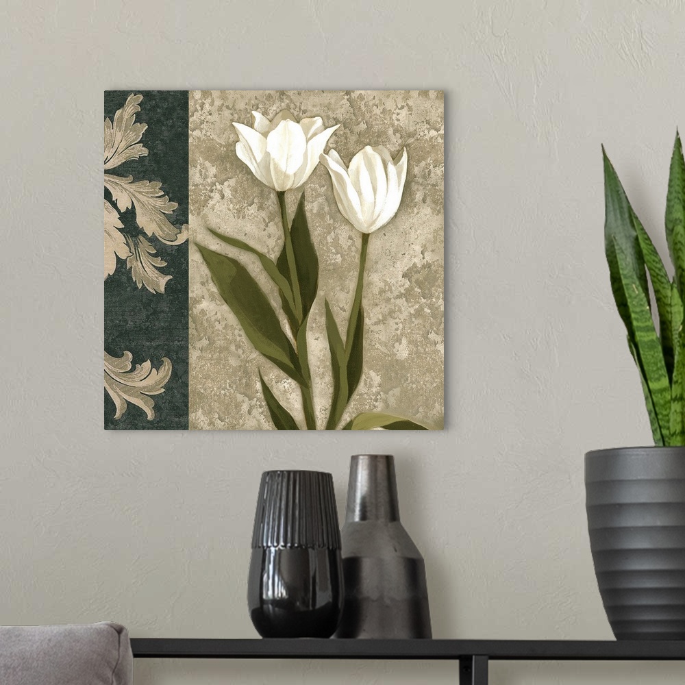 A modern room featuring Decorative artwork of white tulips with a damask border in natural colors.