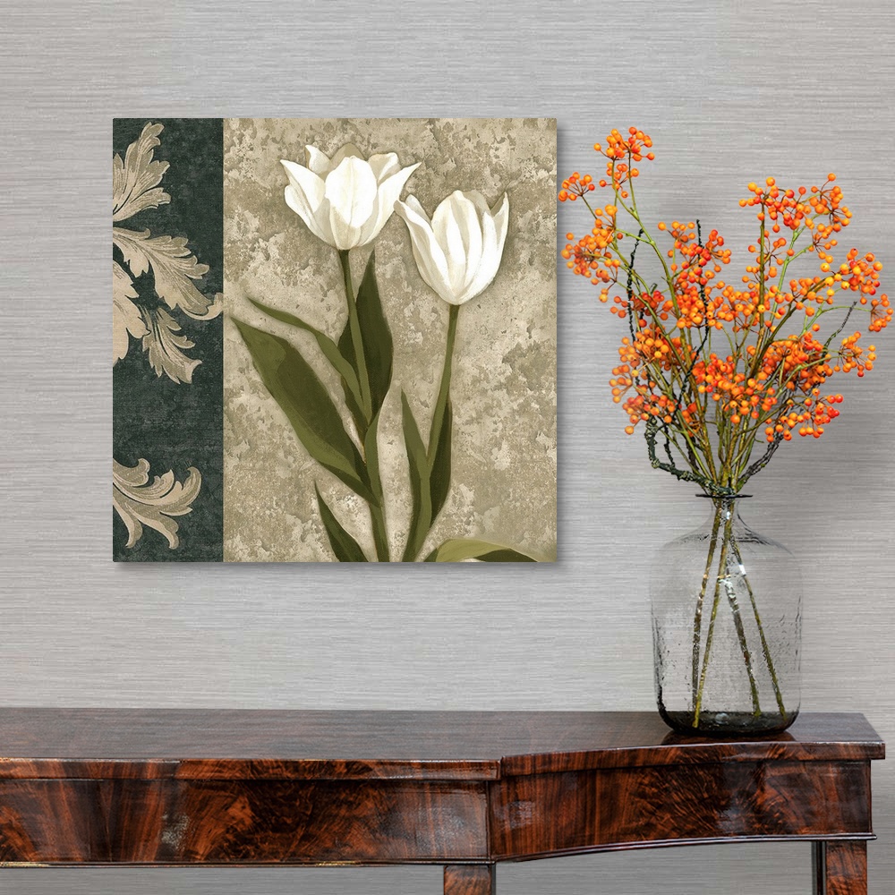 A traditional room featuring Decorative artwork of white tulips with a damask border in natural colors.