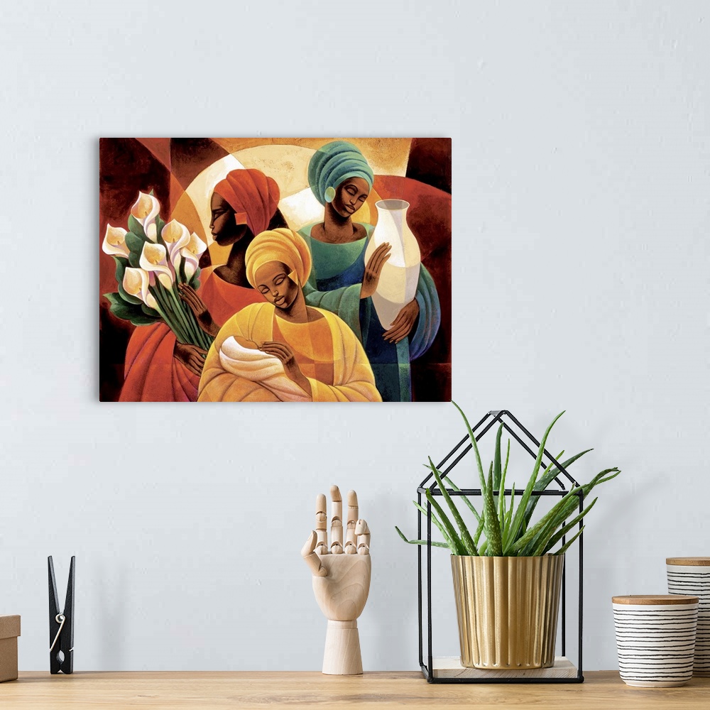 A bohemian room featuring Artwork of three African women, one holding lilies, one holding a vase, and one holding a child.