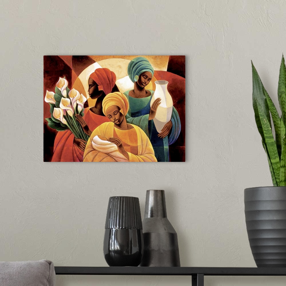 A modern room featuring Artwork of three African women, one holding lilies, one holding a vase, and one holding a child.