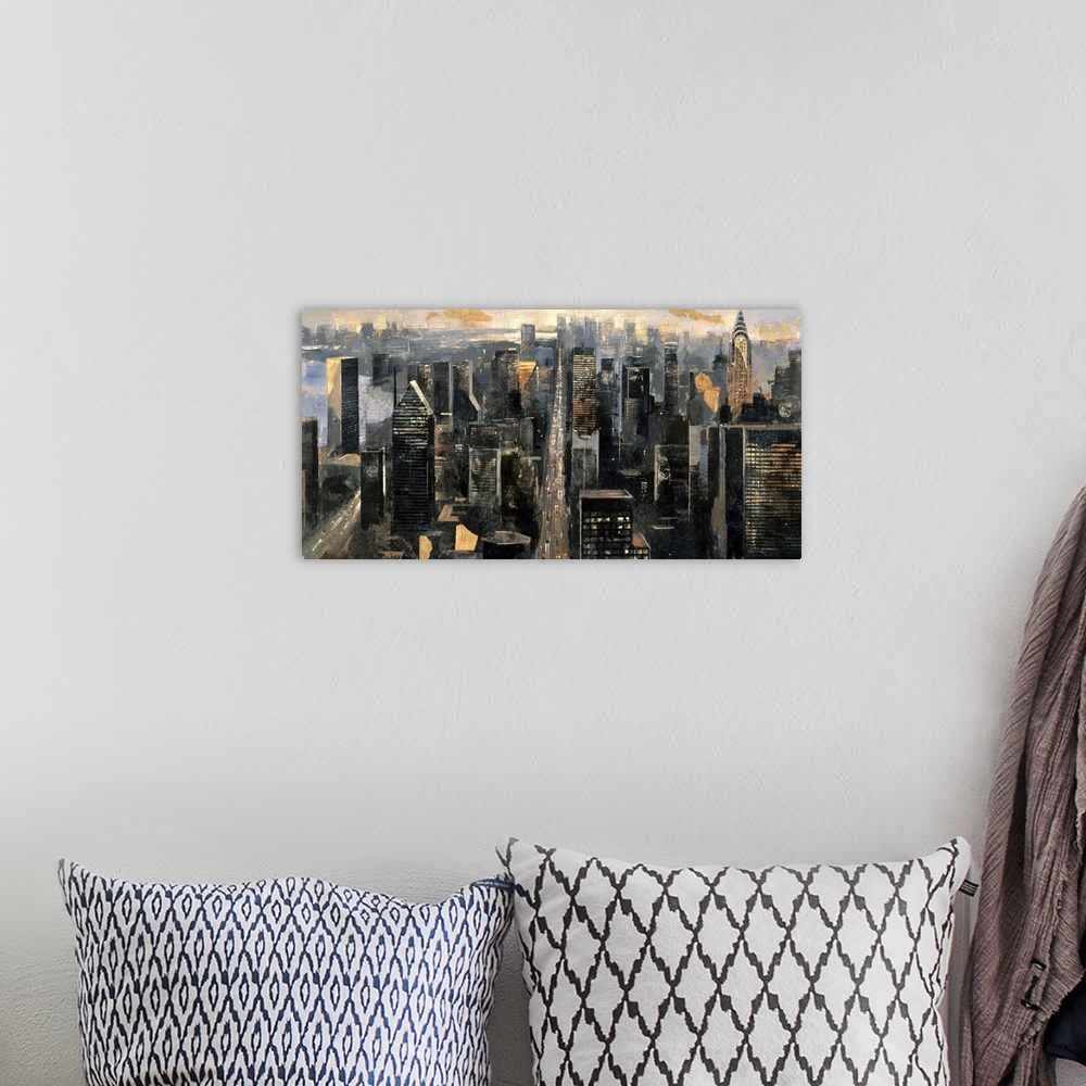 A bohemian room featuring A horizontal painting of an aerial view of the New York cityscape.