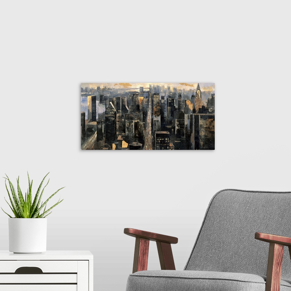 A modern room featuring A horizontal painting of an aerial view of the New York cityscape.