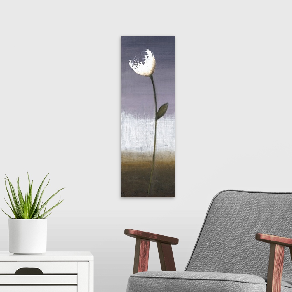 A modern room featuring A long vertical painting of a single white flower on a long stem with a textured neutral background.