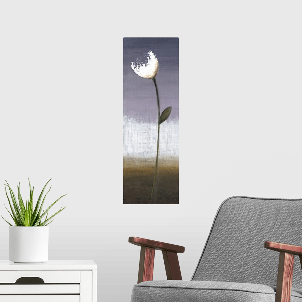 A modern room featuring A long vertical painting of a single white flower on a long stem with a textured neutral background.