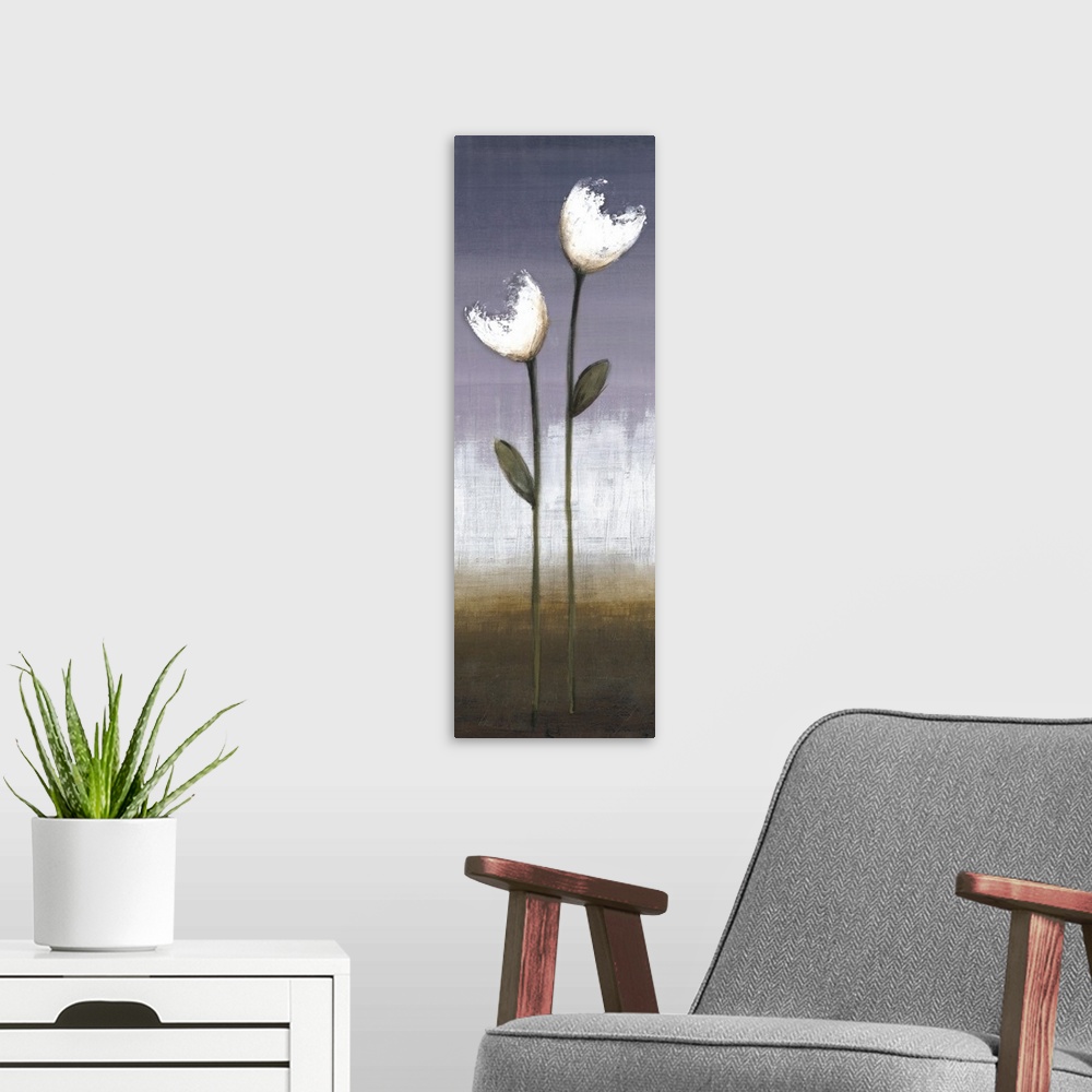 A modern room featuring A long vertical painting of two white flowers on a long stem with a textured neutral background.