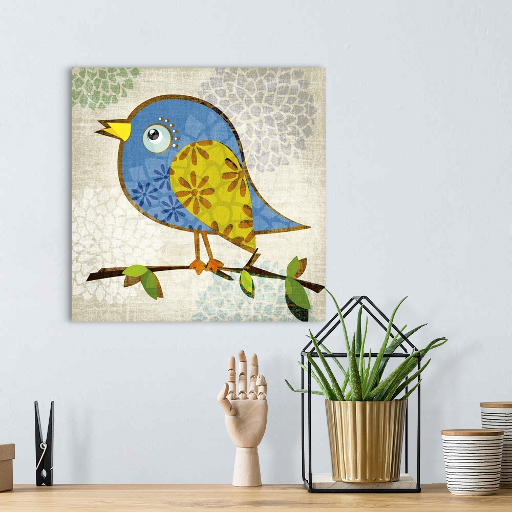 A bohemian room featuring Artwork of a colorful blue bird on a tree branch.