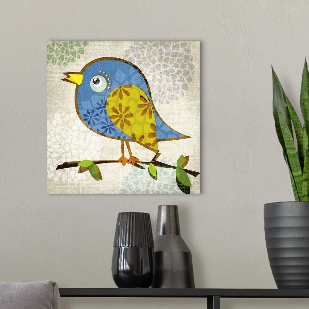 A modern room featuring Artwork of a colorful blue bird on a tree branch.