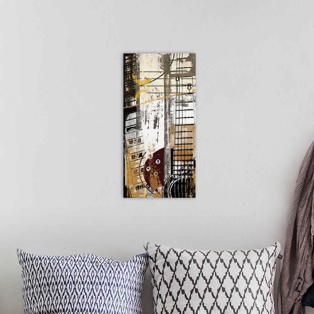 A bohemian room featuring A vertical digital composite of a guitar with textured elements overlapping.