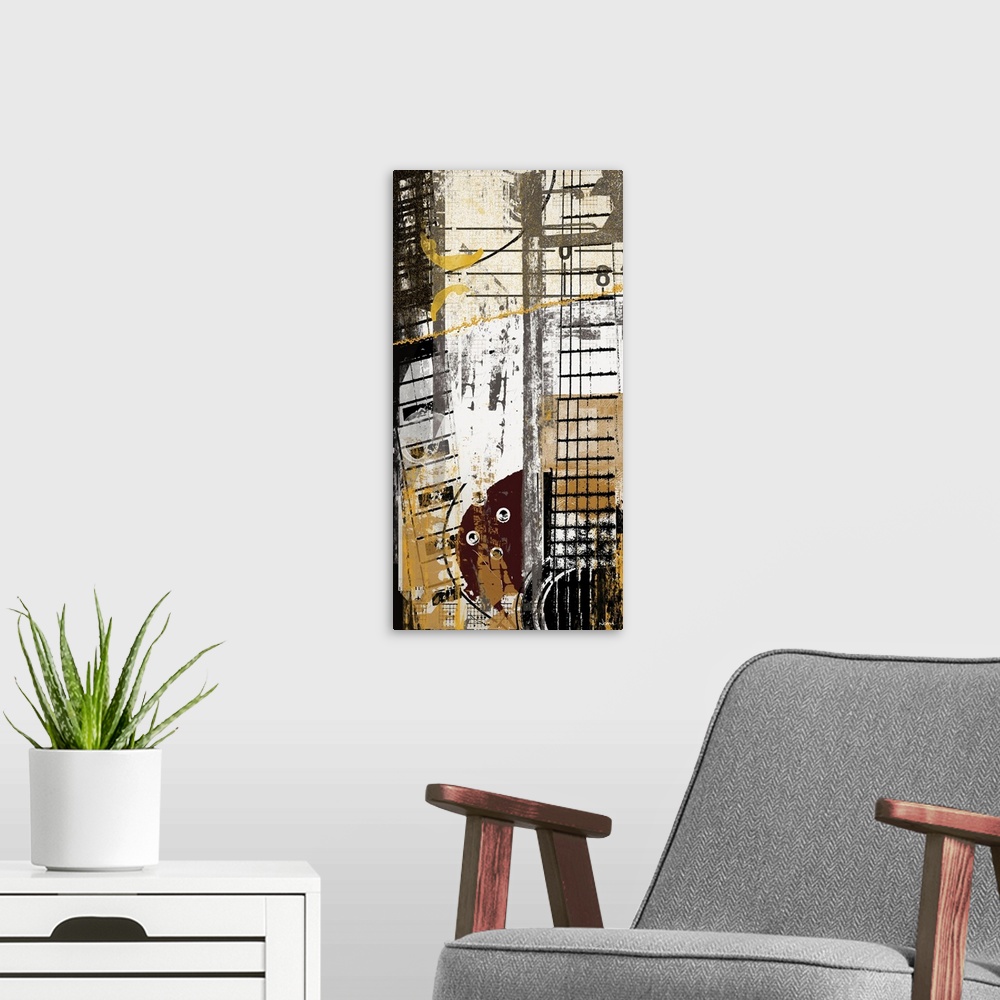 A modern room featuring A vertical digital composite of a guitar with textured elements overlapping.