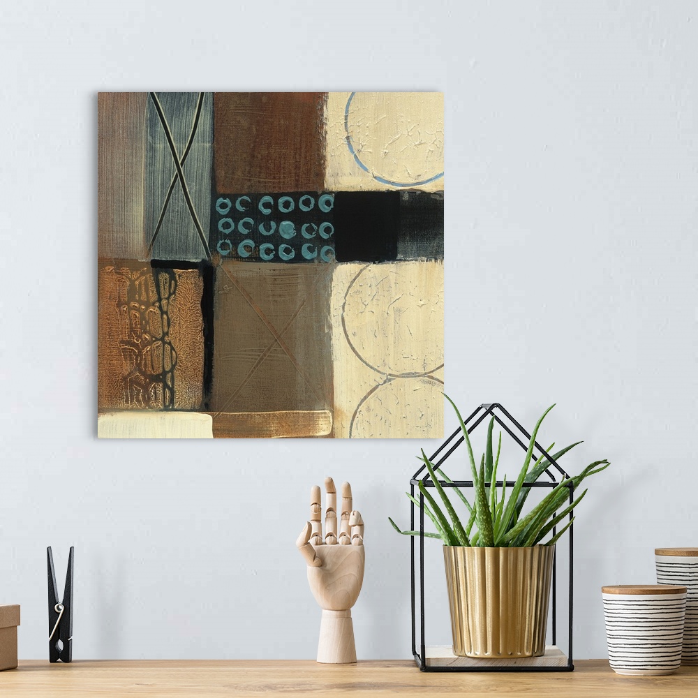 A bohemian room featuring Abstract painting of squared shapes overlapped with circular and "x" elements done in textured ea...
