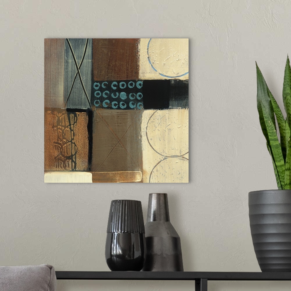 A modern room featuring Abstract painting of squared shapes overlapped with circular and "x" elements done in textured ea...