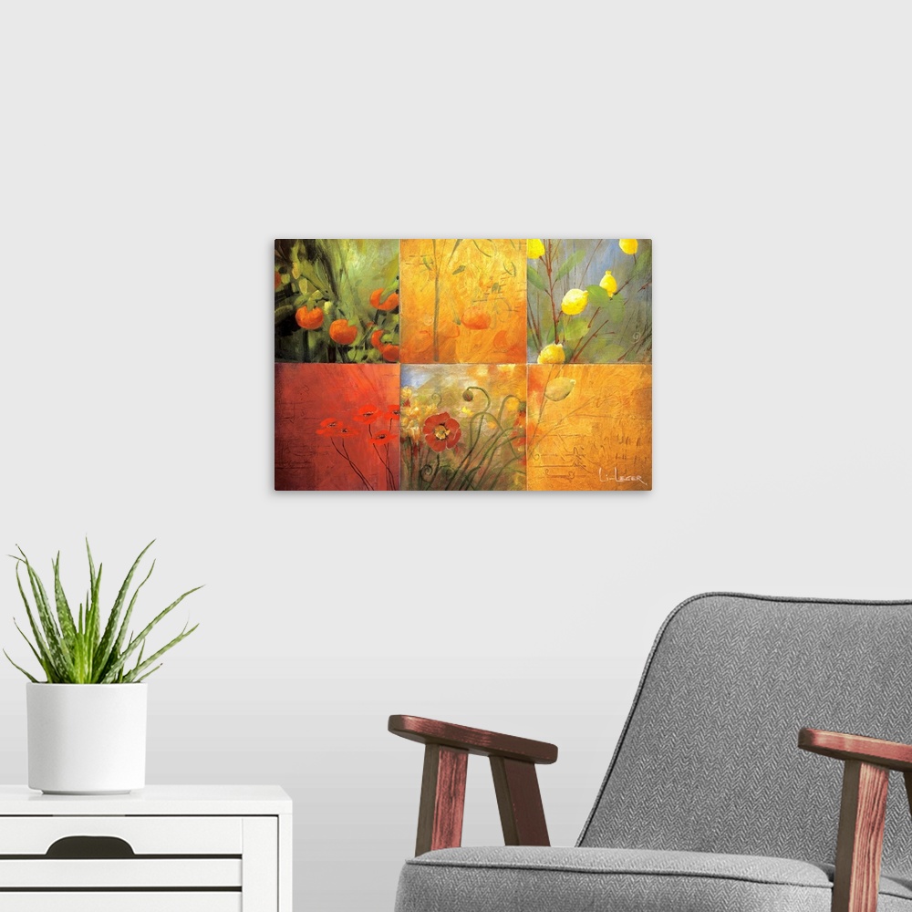 A modern room featuring Artwork of flowers and fruit in a six square grid design.