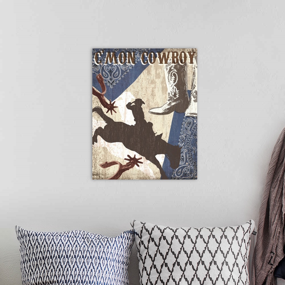 A bohemian room featuring "C'Mon Cowboy" artwork with cowboy boots, spurs, bandana and a man riding a horse.