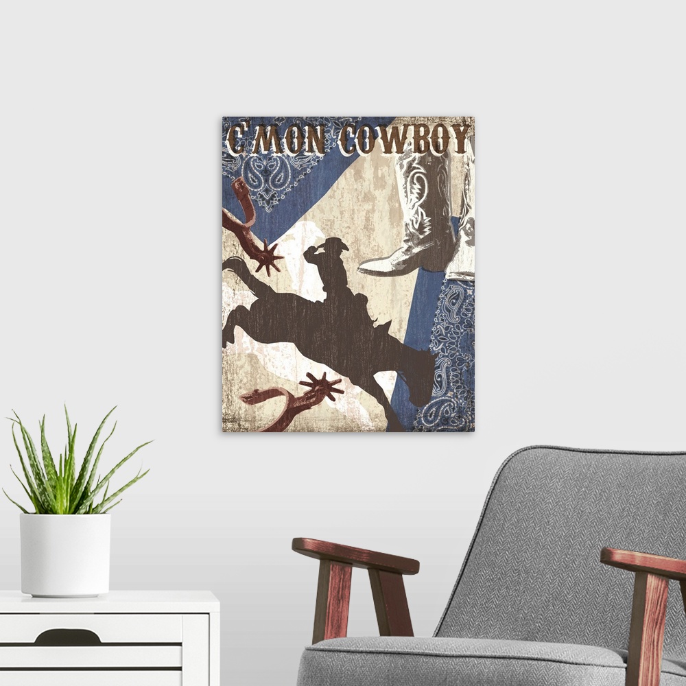 A modern room featuring "C'Mon Cowboy" artwork with cowboy boots, spurs, bandana and a man riding a horse.