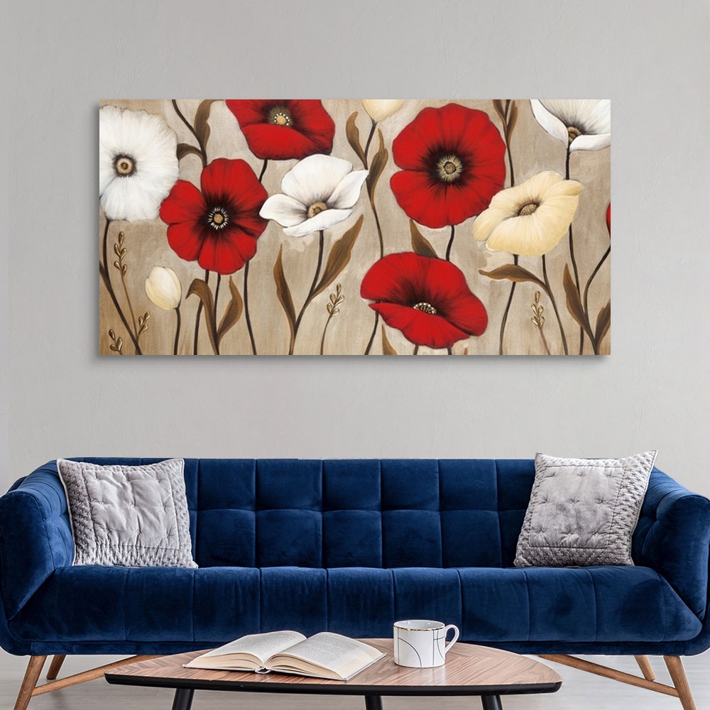 A modern room featuring Contemporary painting of a group of red, white and yellow flowers against a neutral backdrop.