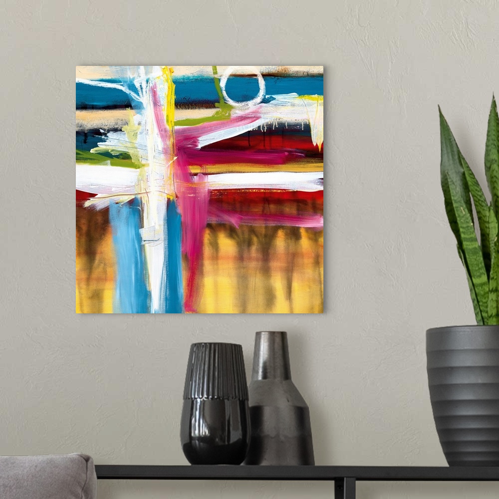 A modern room featuring Abstract painting in vibrant colors of yellow, blue and red with bold vertical and horizontal bru...