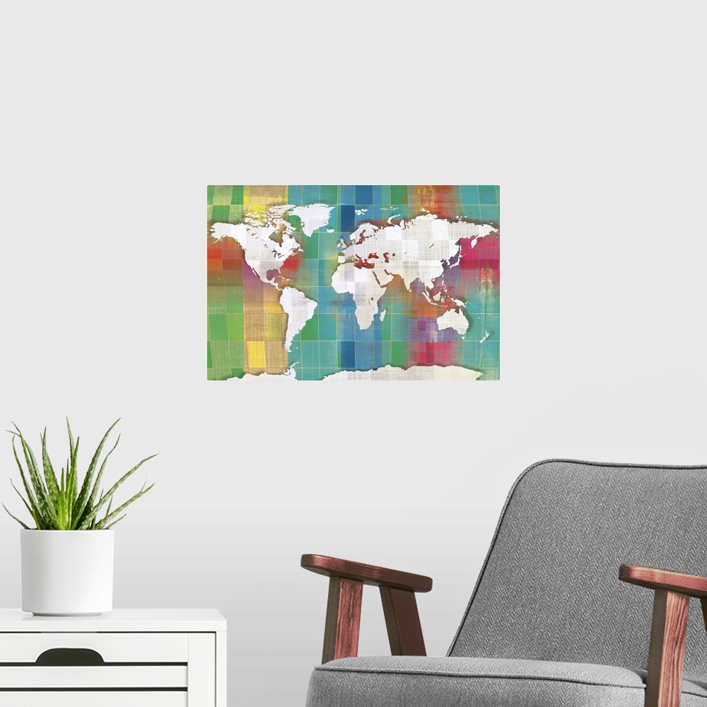 A modern room featuring A world map in beige and white checkers with multi-colors squares for the water.