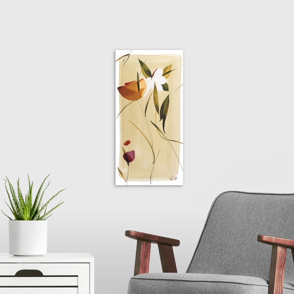 A modern room featuring A long vertical painting in a modern design of flowers.